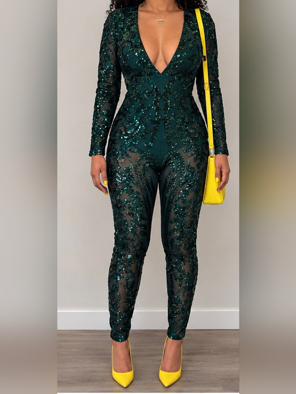 Emerald Sequin Mesh Jumpsuit - Women